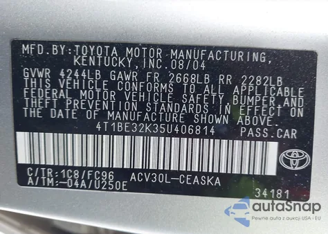 2005 Toyota Camry Se z USA, uszkodzony, nr VIN 4T1BE32K35U406814